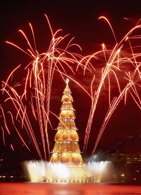 Com fogos riscandos o céu em vermelho, a Árvore da Lagoa de 2006 reluziu em dourado e encantou a noite — Foto: Guto Costa