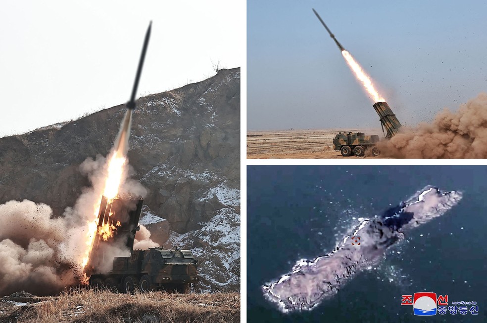 Imagens mostram a Academia de Ciências de Defesa conduzindo um teste de controle balístico de disparo de um lançador múltiplo de foguetes , em um local não revelado na Coreia do Norte — Foto: KCNA VIA KNS / AFP