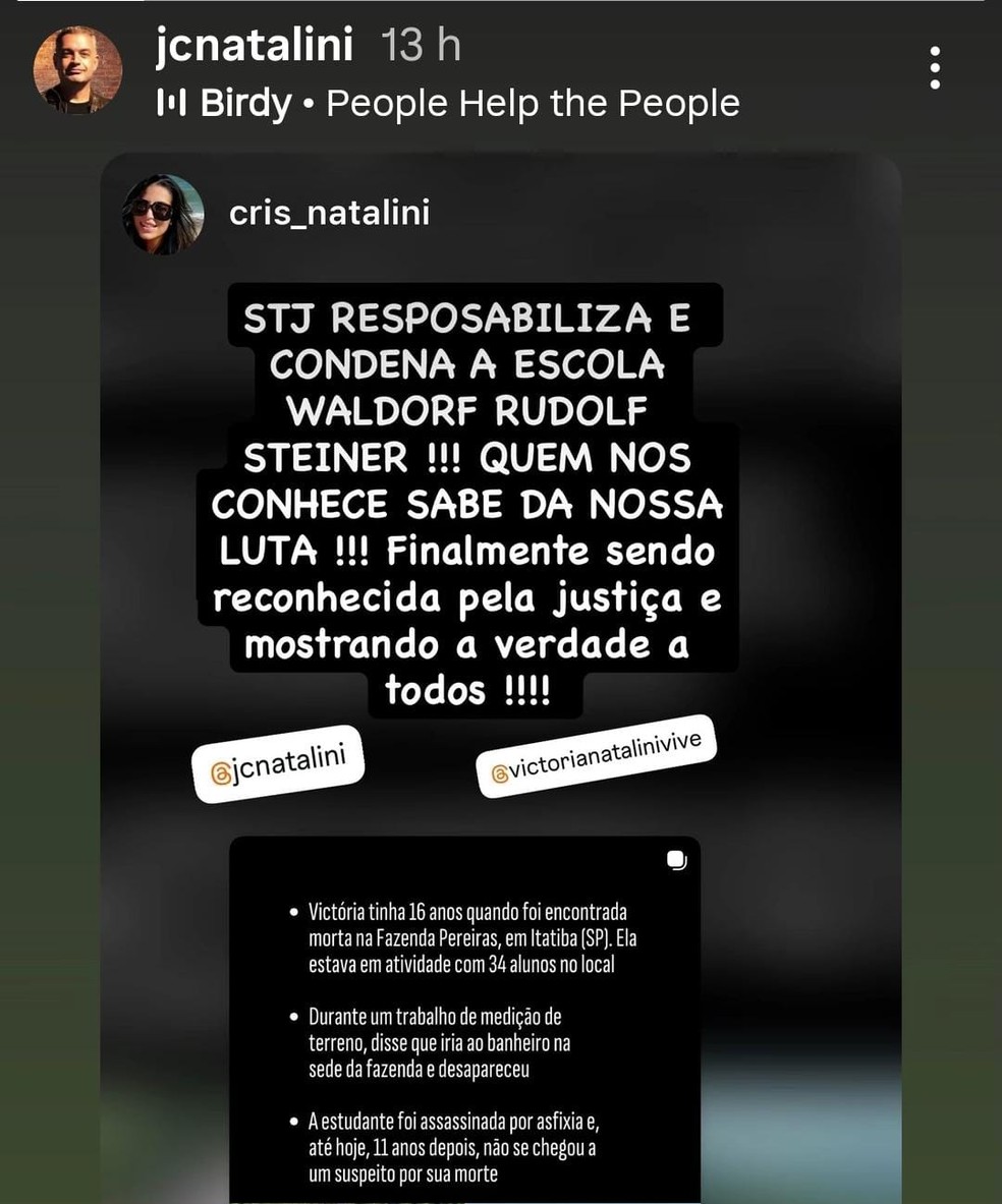 João Carlos Natalini, pai de Victoria Mafra Natalini, comenta sobre decisão do STJ em condenar escola — Foto: Reprodução/Instagram