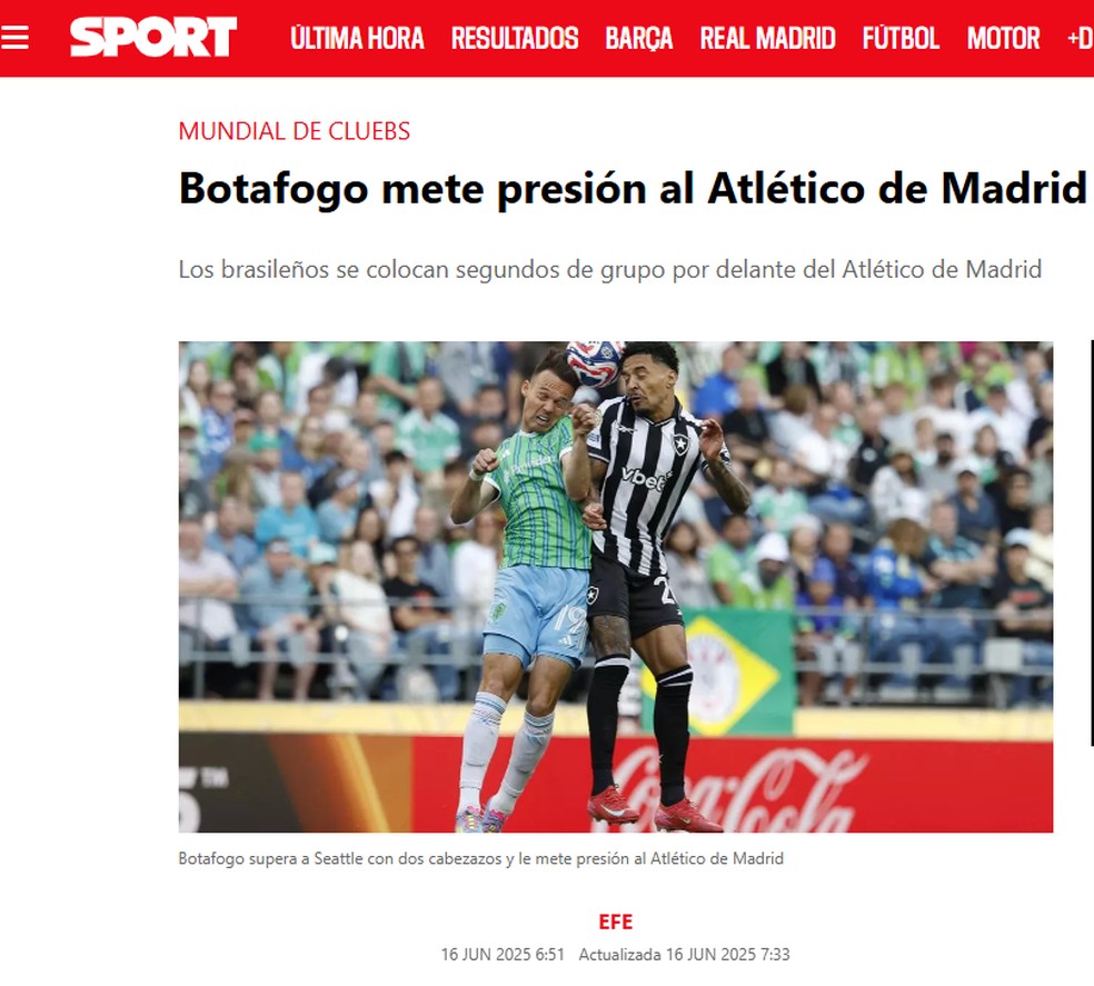 Sport, da Espanha, repercute vitória do Botafogo no Mundial de Clubes — Foto: Reprodução