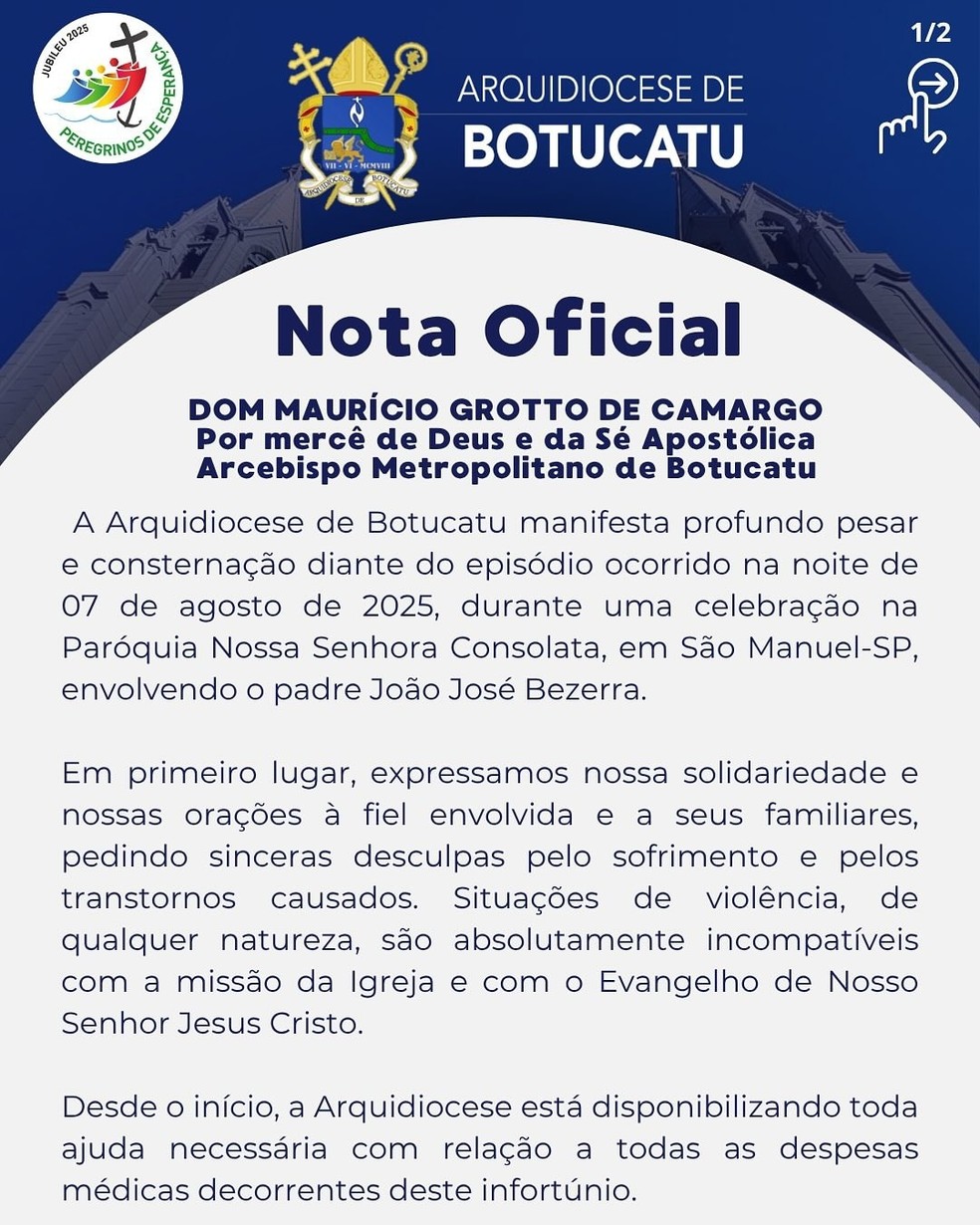 Arquidiocese de Botucatu, responsável pela paróquia, classificou o episódio como “absolutamente incompatível” com a missão da Igreja e informou ter afastado o sacerdote de suas funções. — Foto: Reprodução facebook
