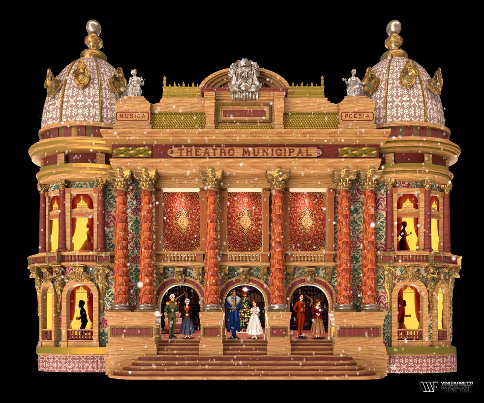 Thematic cartographic projection simulation of "The Nutcracker" on the facade of the Municipal Theater — Photo: Disclosure