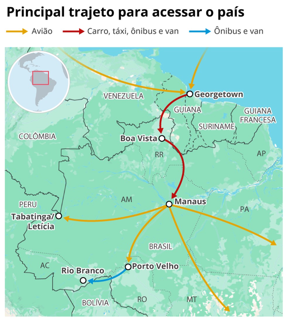 Trajeto para entrar no país e rotas dos cubanos — Foto: Arte O Globo