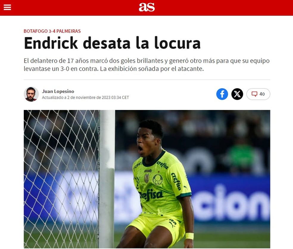 Imprensa espanhola destaca atuação de Endrick na virada do Palmeiras contra o Botafogo — Foto: Reprodução
