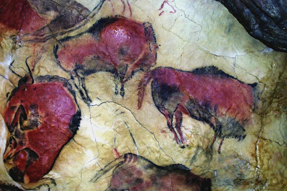 Detalhe de pinturas rupestres na caverna de Altamira, na Espanha — Foto: AFP PHOTO/ESTEBAN COBO