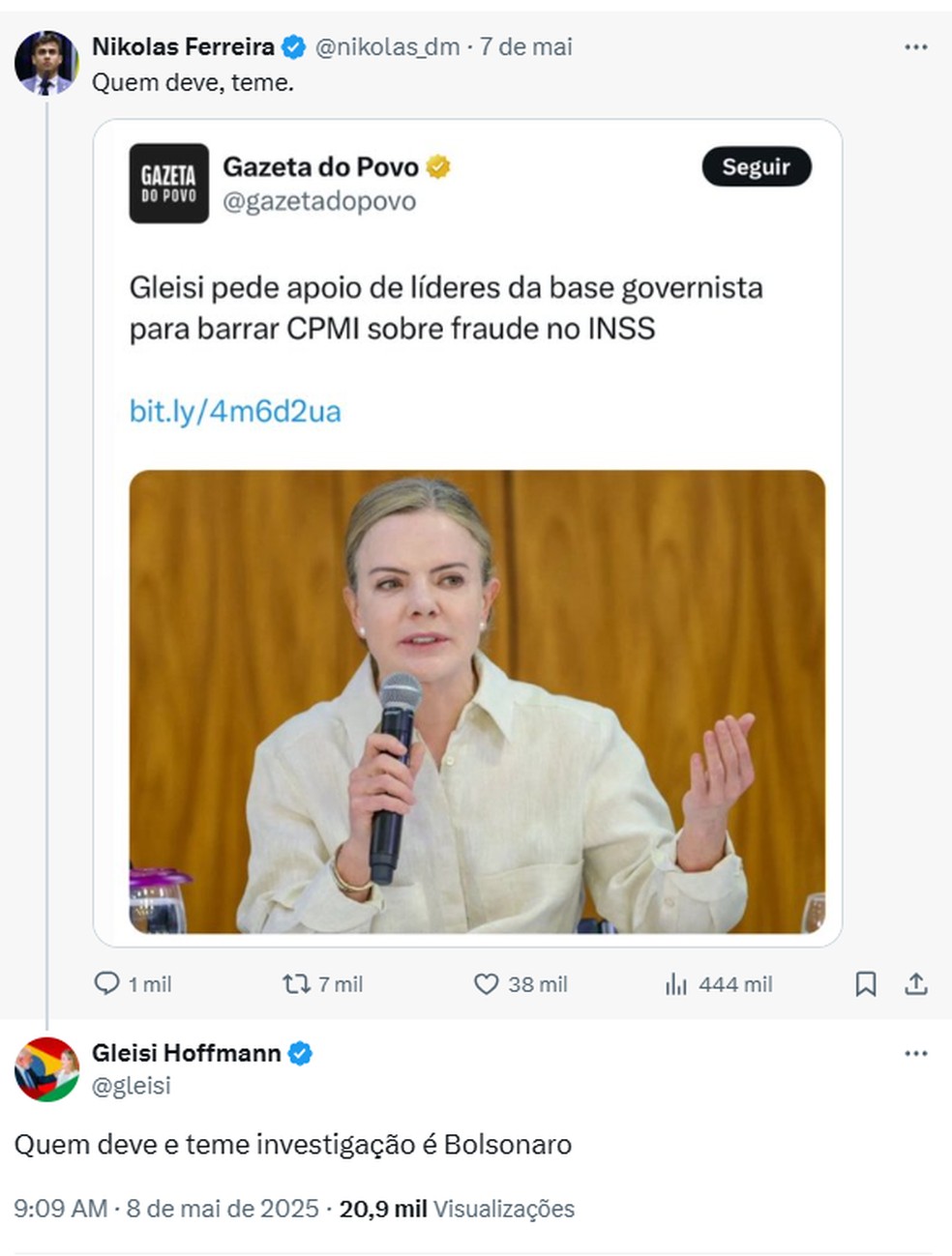 Nikolas e Gleisi trocam farpas sobre CPMI para investigar fraudes em descontos no INSS &mdash; Foto: Reprodu&ccedil;&atilde;o/X