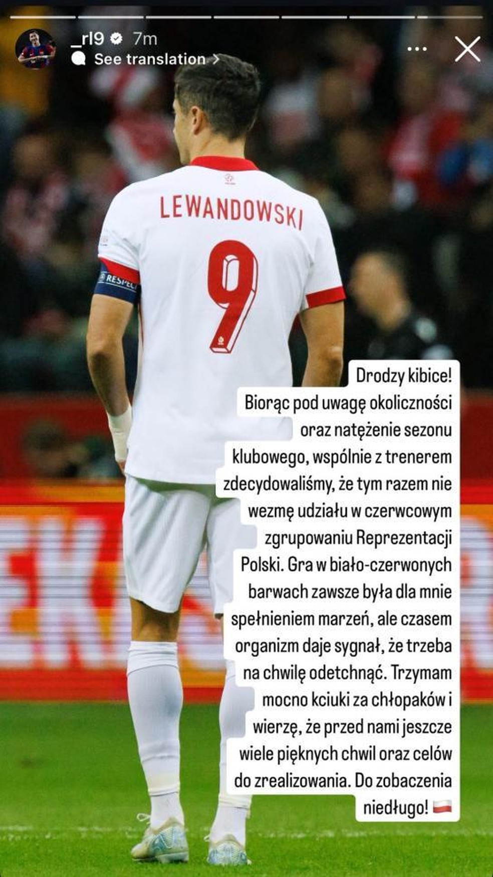 Lewandowski anunciou afastamento temporário da seleção polonesa — Foto: Reprodução/Redes sociais