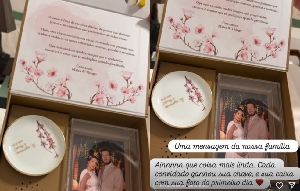 Lembrança com chave e mensagem secreta marca renovação de votos de Maíra Cardi e Thiago Nigro — Foto: Reprodução Instagram
