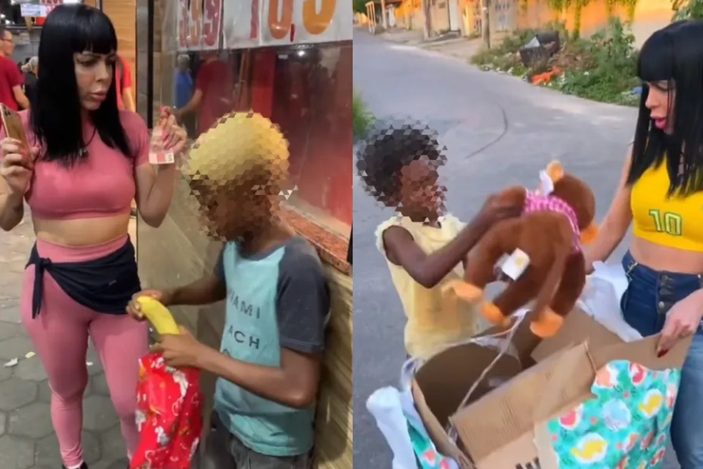 Influenciadores filmaram entregada de banana macaco de pelúcia para crianças negras — Foto: Reprodução