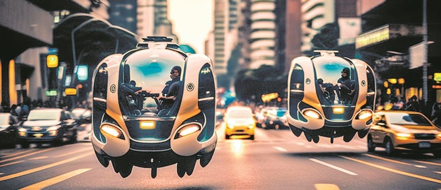 Enquanto veículos elétricos voadores ainda não passam de planos, a IA retrata protótipos futuristas nas ruas de São Paulo. O modelo na imagem não existe nos projetos das empresas que tentam desenvolver essa tecnologia