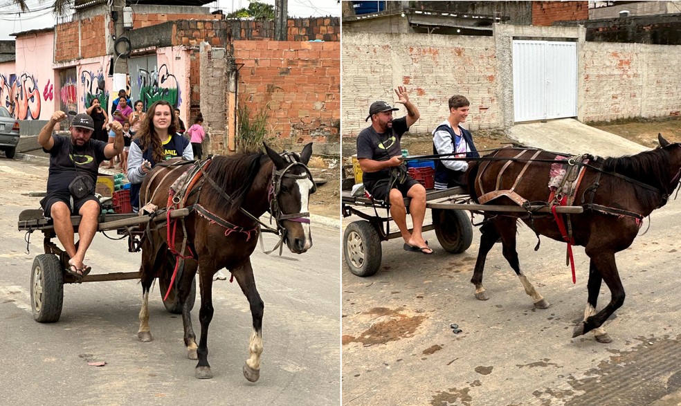 Turistas estrangeiros andam de carroça em São Leopoldo, em Belford Roxo — Foto: Arquivo pessoal