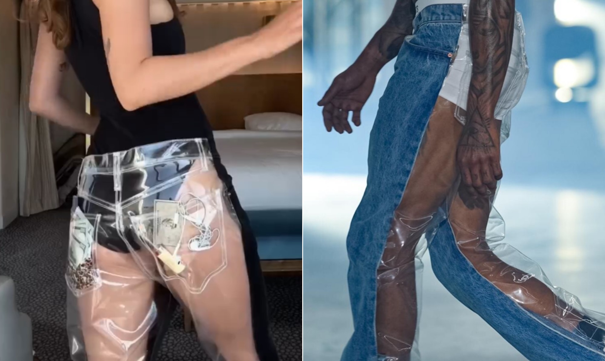 Nova moda? Marca lança calça jeans com verso em plástico transparente por R$ 8,5 mil