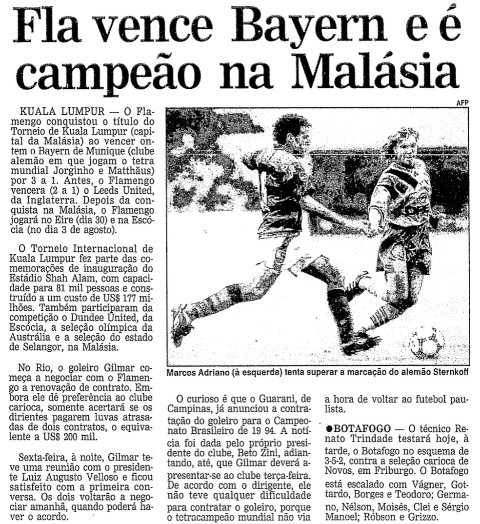 Flamengo venceu o Bayern de Munique em torneio amistoso em 1994 — Foto: Arquivo histórico