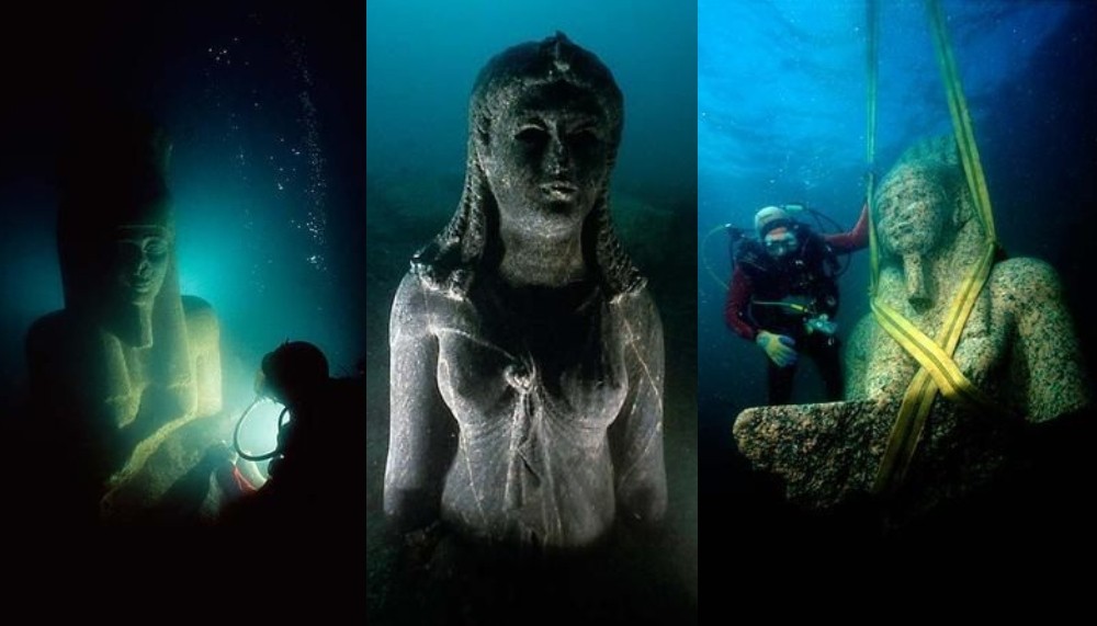 Grande parte das estátuas encontradas, feitas de granito e diorito, estão perfeitamente preservadas pela água e tem quase 5 metros de altura. — Foto: Franck Goddio