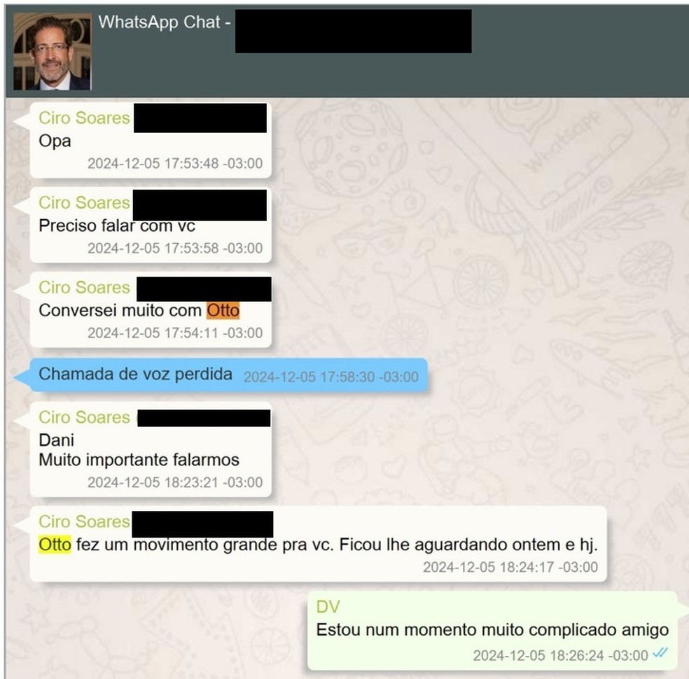 Conversa entre Ciro Soares e Daniel Vorcaro sobre Otto Alencar — Foto: Reprodução