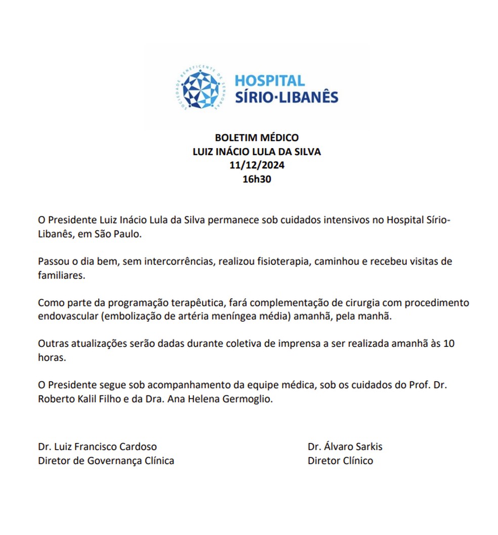 Boletim médico da equipe de Lula — Foto: Reprodução