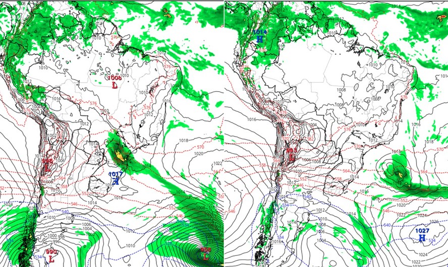Mapas do modelo GFS indicam a evolução das áreas de chuva entre sábado (à esquerda) e domingo (à direita), com maior concentração das instabilidades sobre o Sul do Brasil e avanço em direção ao Sudeste ao longo do fim de semana
