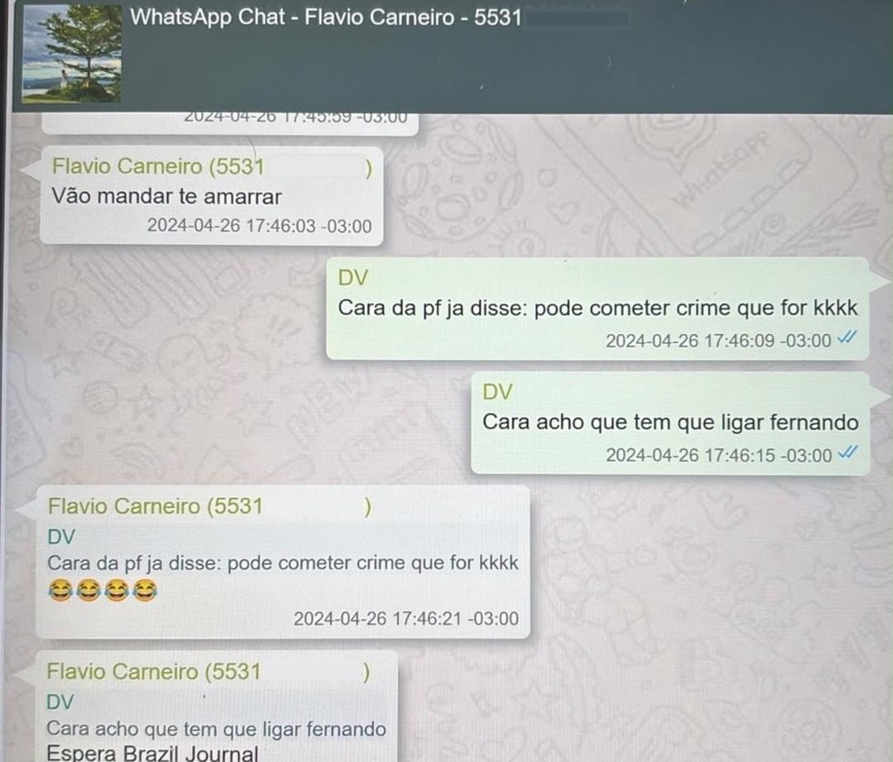 Diálogo entre o então dono do Master, Daniel Vorcaro, e o empresário Flávio Carneiro obtido com exclusividade; telefone foi rasurado para preservar dados pessoais — Foto: Reprodução