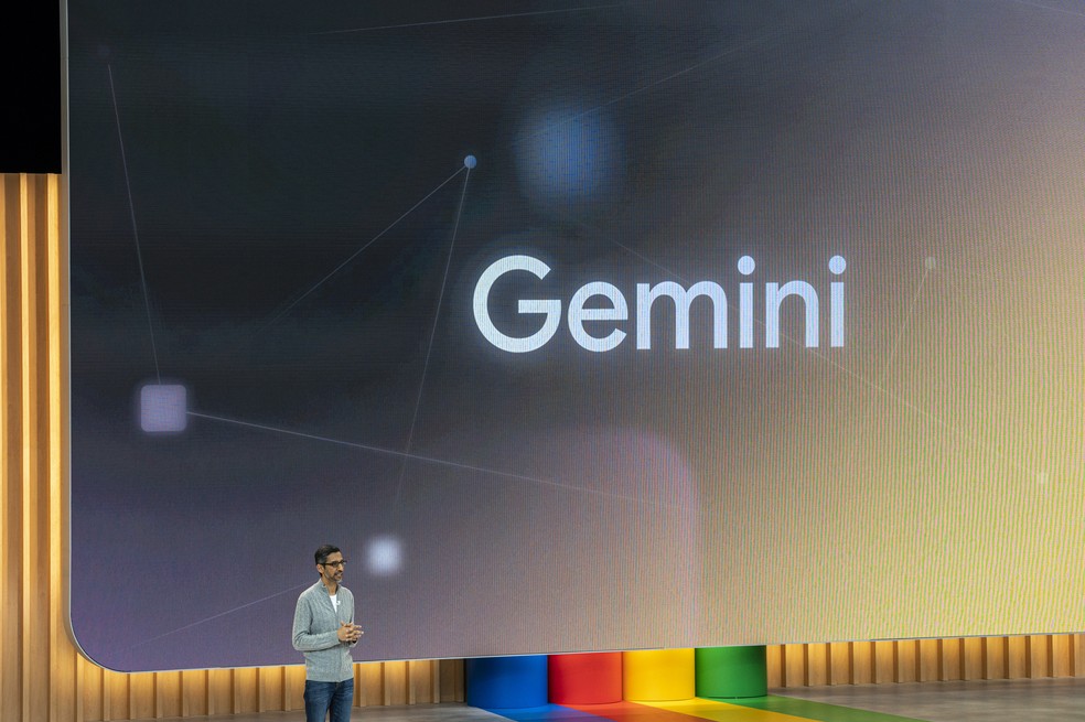 Sundar Pichai, diretor executivo da Alphabet, no lançamento do Gemini — Foto: David Paul Morris/Bloomberg