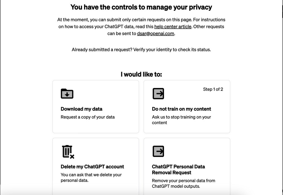 Tela do ChatGPT em página que permite excluir dados — Foto: Reprodução/ChatGPT