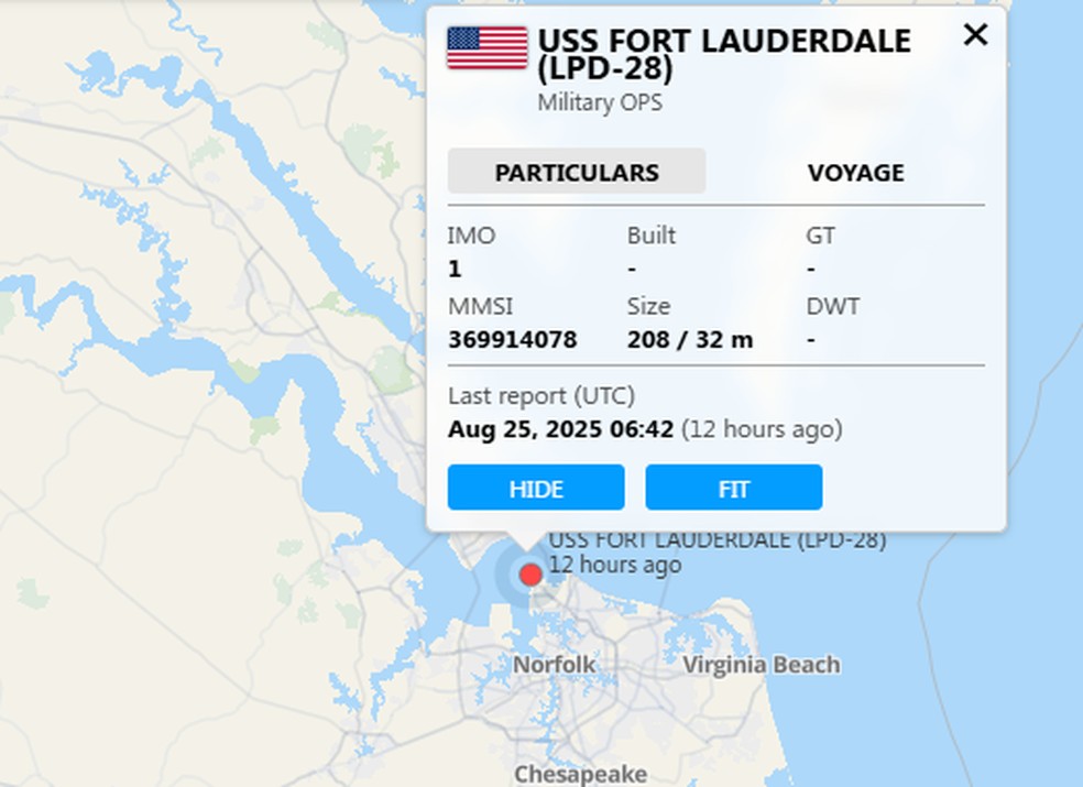 Localização do USS Fort Lauderdale às 6h42 (horário local) de 25 de agosto de 2025 — Foto: Fonte: Marine Vessel Traffic