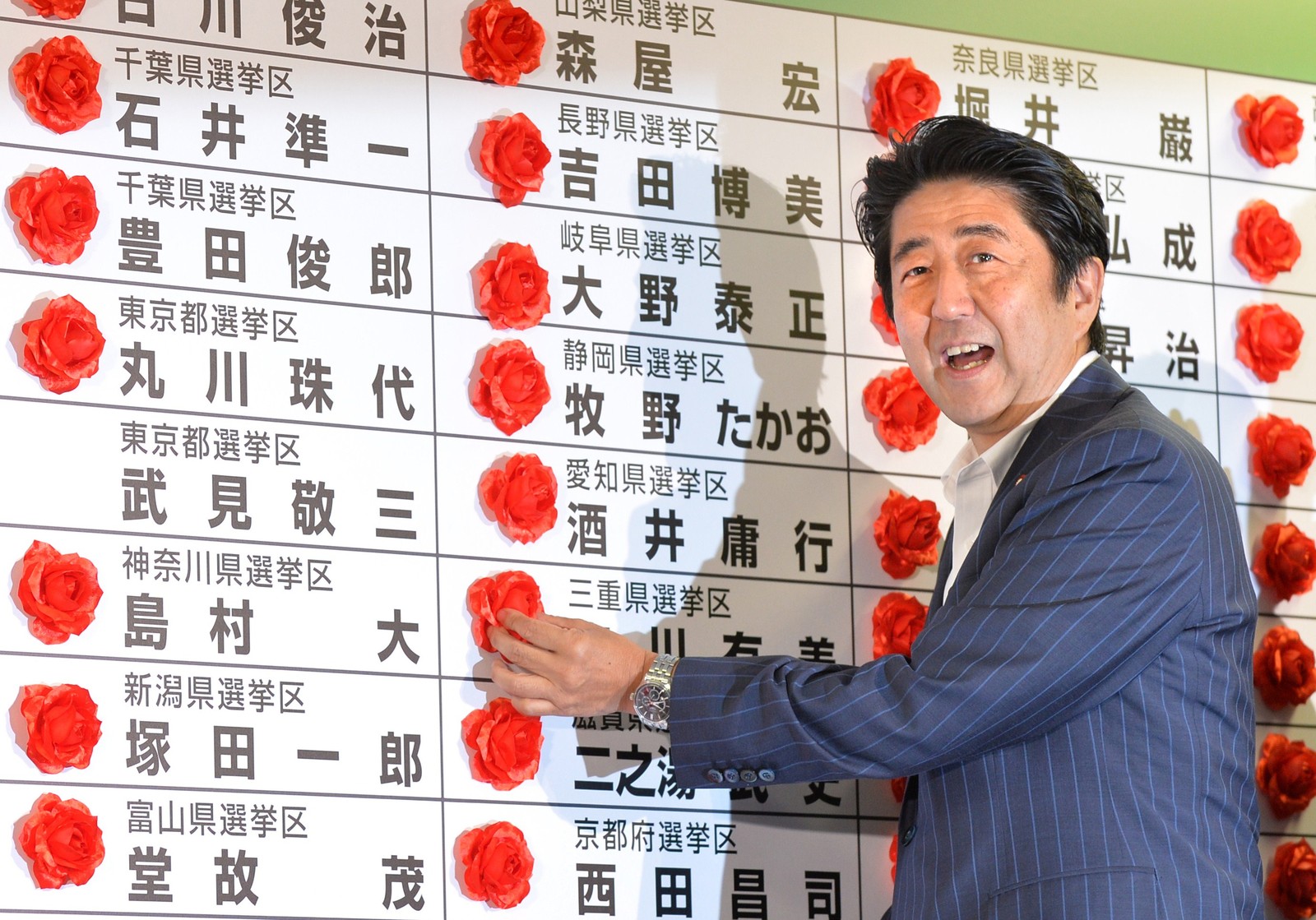 Shinzo Abe, do Partido Liberal Democrático (LDP), comemora vitória retumbante nas eleições para a Câmara Alta — Foto: KAZUHIRO NOGI / AFP 
