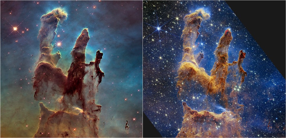 À direita, Pilares da Criação fotografados pelo telescópio Hubble; à esquerda, imagem capturada pelo James Webb — Foto: Nasa