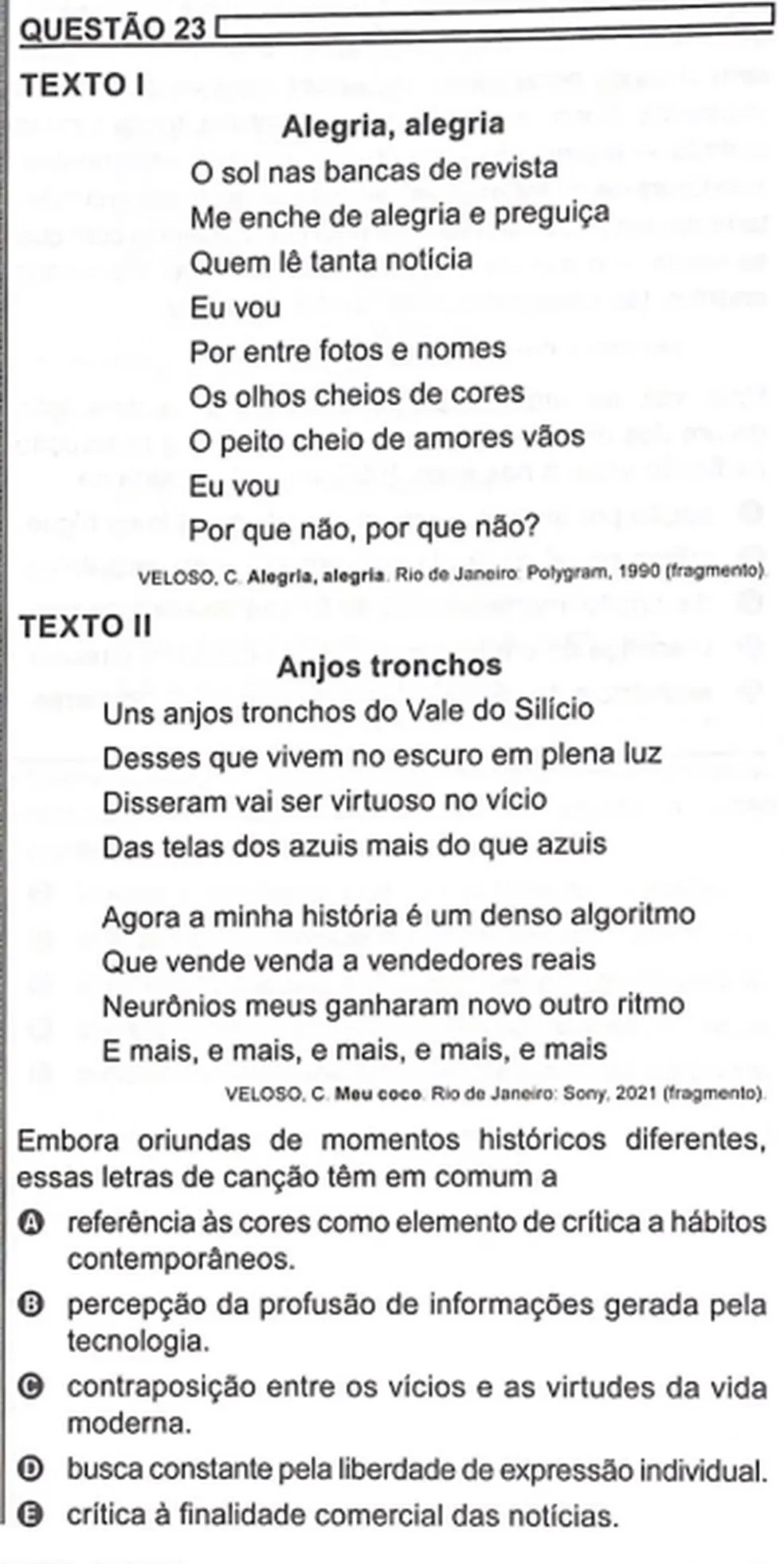 Questão sobre canções de Caetano gerou dúvida entre alunos e professores — Foto: Reprodução/Inep