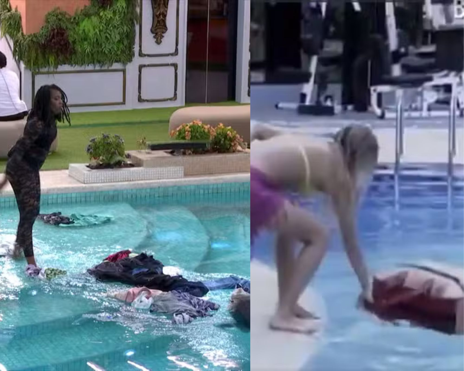 No 'BBB 24', Leidy Elin jogou as roupas de Davi na piscina após a dinâmica do Sincerão. Isso também aconteceu no 'BBB 2', quando Fabrício e Fernando jogaram a mala de Tina na água — Foto: Reprodução