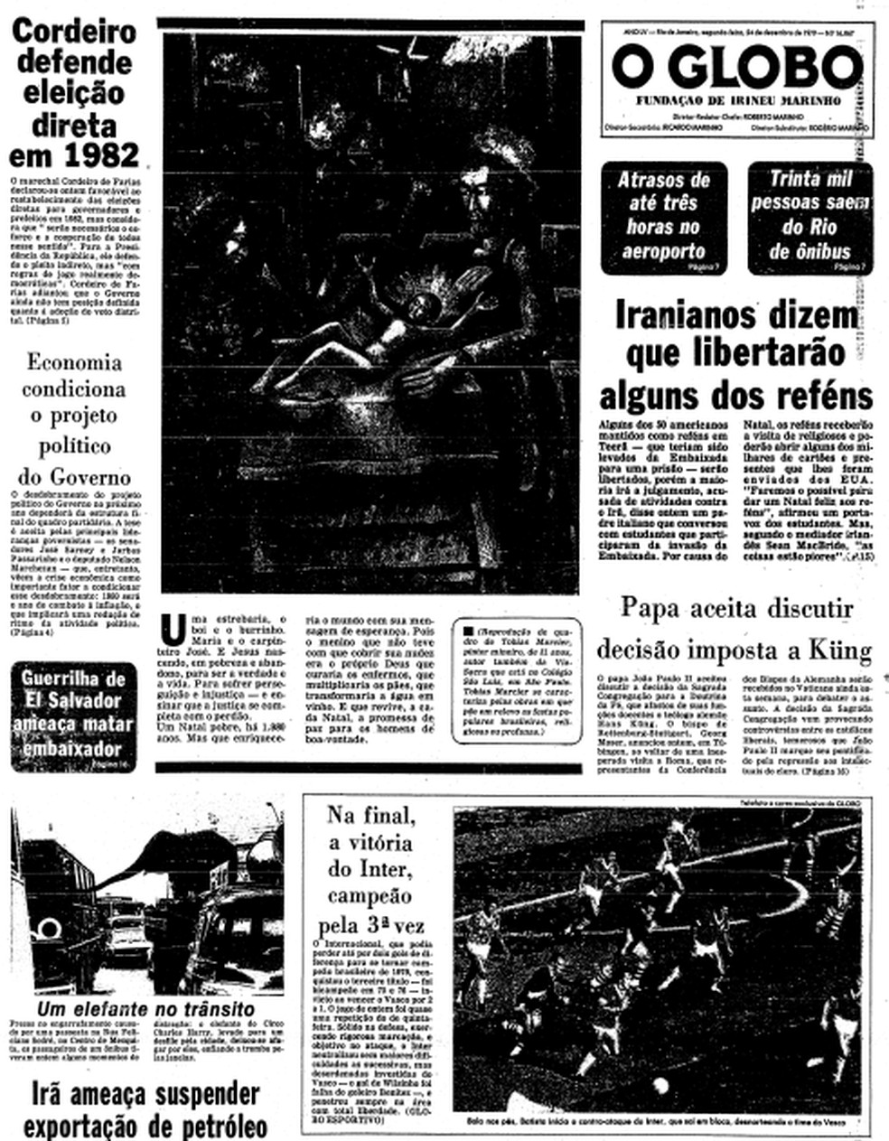 A capa do GLOBO de 24 de dezembro de 1979 — Foto: Acervo O GLOBO