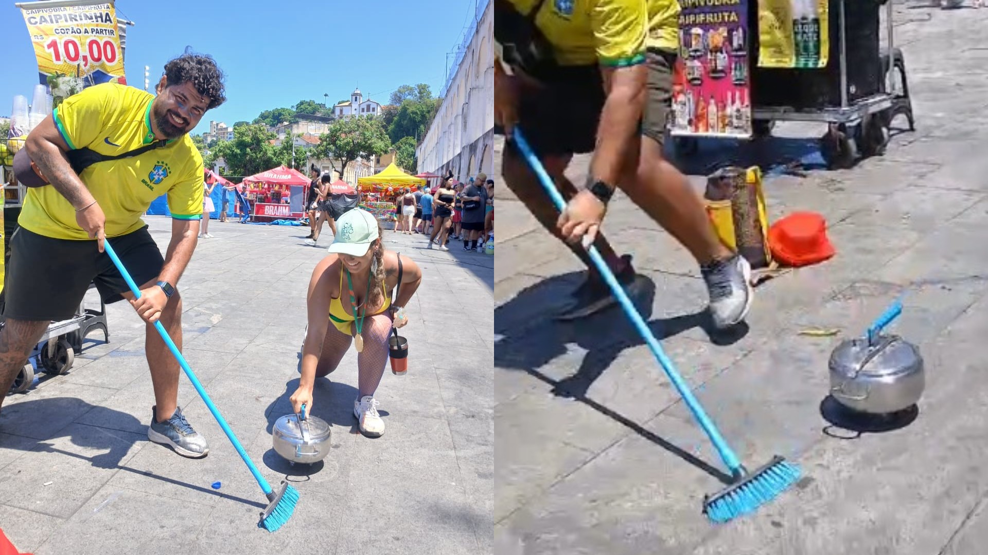Com panela e vassoura na m&atilde;o, casal leva esporte ol&iacute;mpico ao carnaval do Rio; veja v&iacute;deo