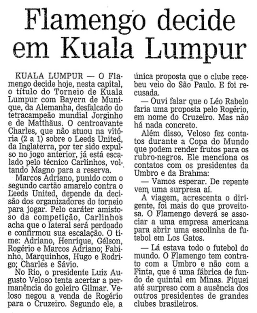 Matéria de O GLOBO em 1994 prevê final entre Flamengo e Bayern de Munique — Foto: Arquivo histórico