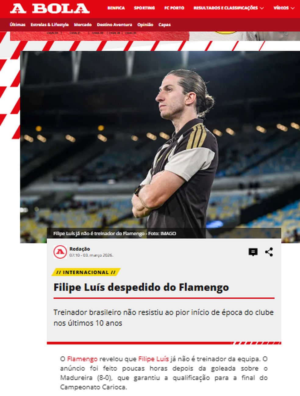 Jornal A Bola repercute demissão de Filipe Luís e reafirma acerto entre Flamengo e Leonardo Jardim — Foto: Reprodução