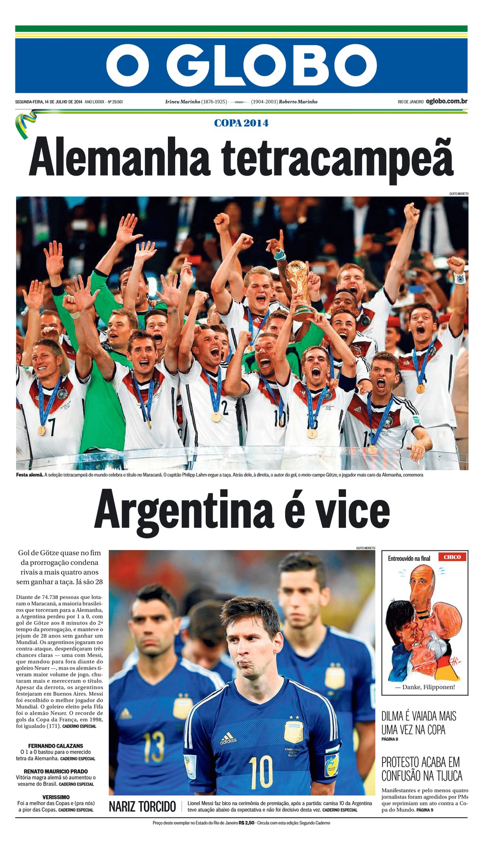 Alemanha é campeã em cima da Argentina na final da Copa de 2014 — Foto: Acervo / Jornal O Globo