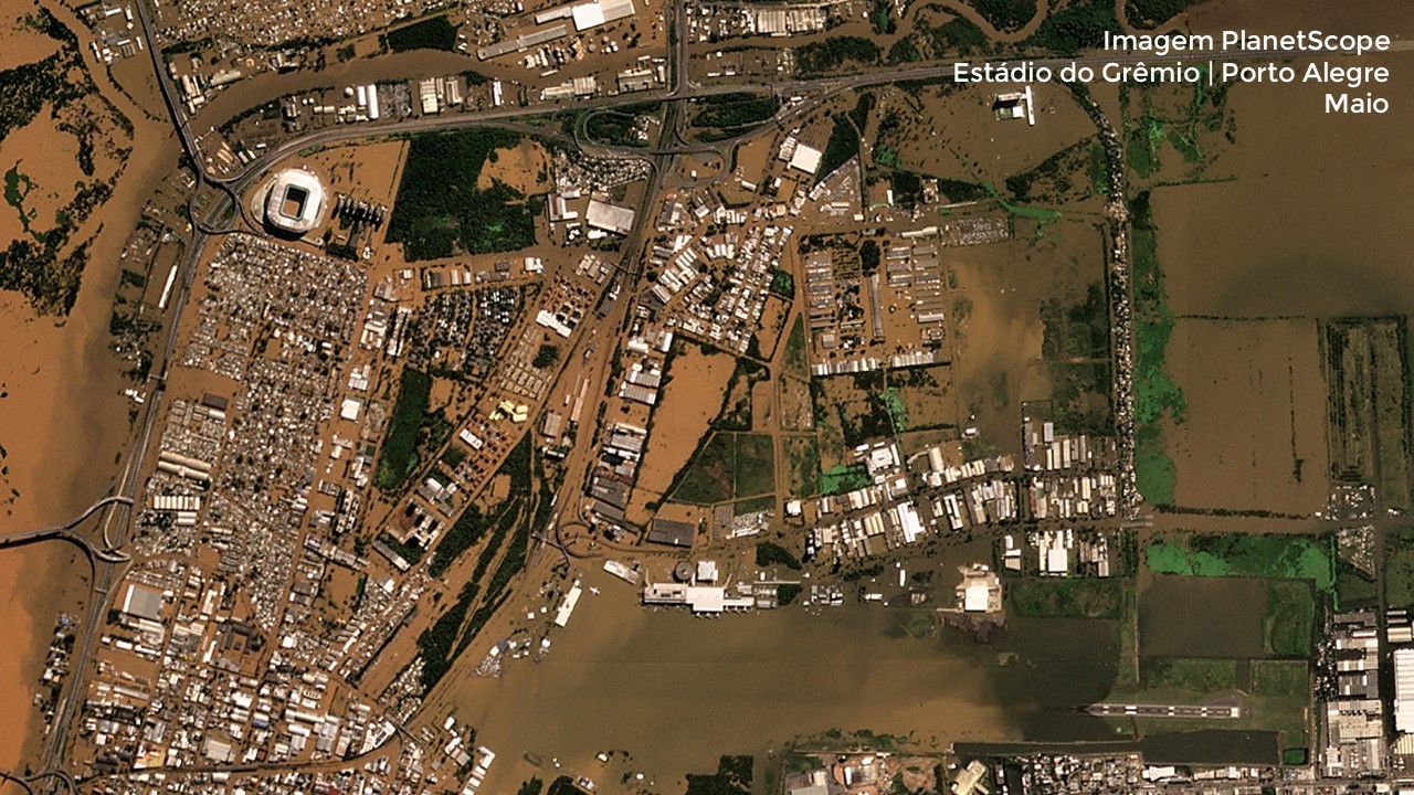 Porto Alegre e Estádio do Grêmio ficam inundados – Imagem: SCCON / PlanetScope