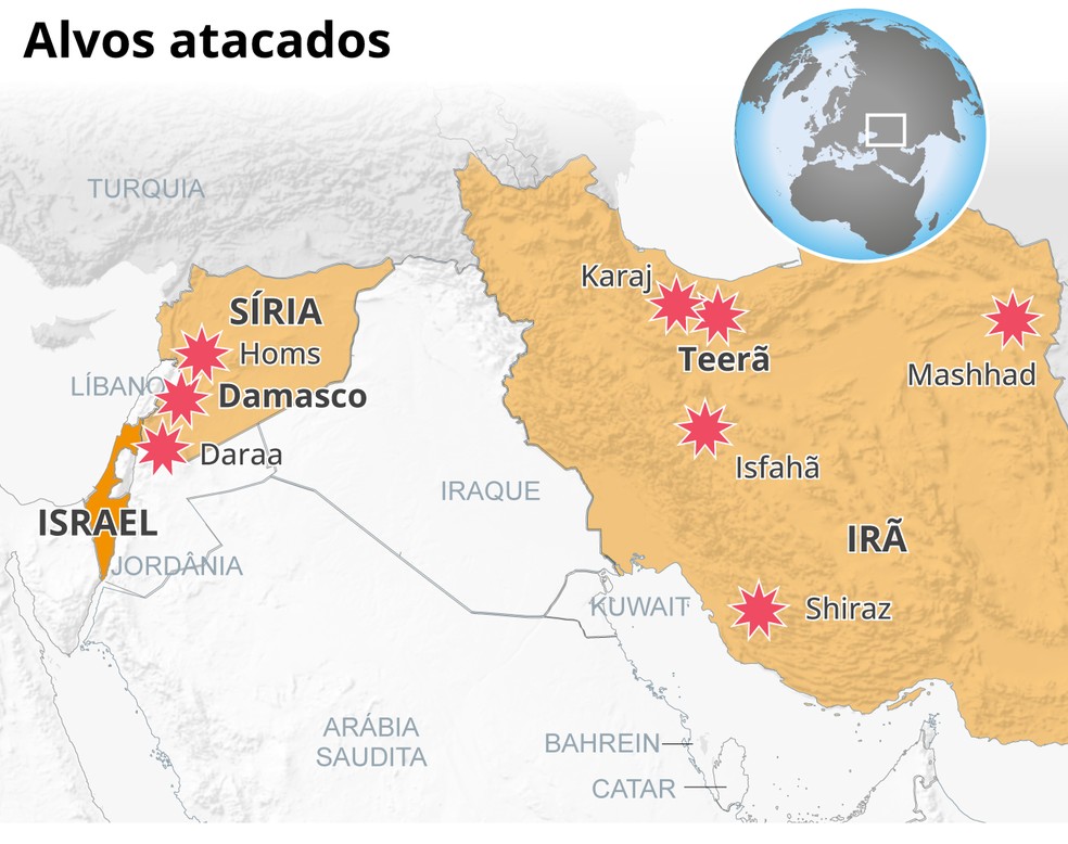 Mapa dos alvos atacados por Israel no Irã e na Síria — Foto: Arte/O GLOBO