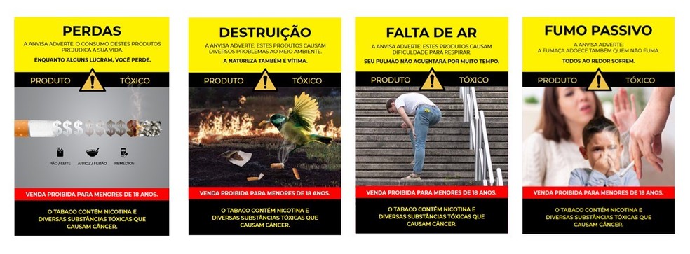 Novas advertências para mostruários de tabaco. — Foto: Anvisa