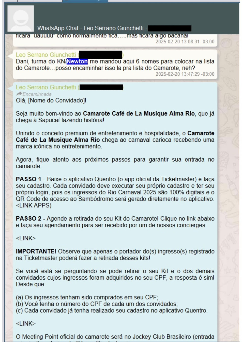 Funcionário ligado a Vorcaro fala sobre possível presença da "turma do KN/Newton" em camarote da Sapucaí — Foto: Reprodução