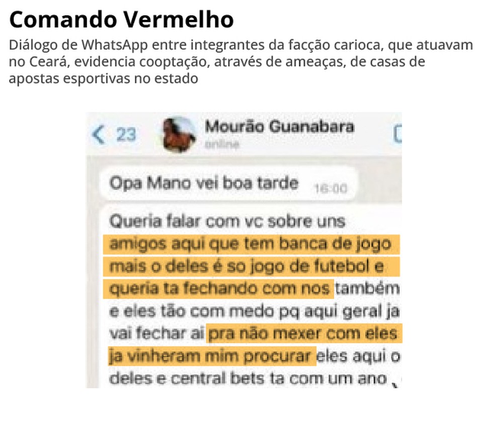 Diálogo de WhatsApp entre integrantes da facção carioca, que atuavam no Ceará, evidencia cooptação, através de ameaças, de casas de apostas esportivas no estado — Foto: Reprodução/MP do Ceará