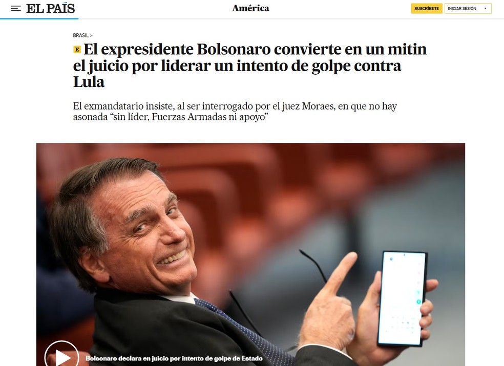 El País escreveu: "Ex-presidente Bolsonaro se converte em réu por liderar uma tentativa de golpe contra Lula" — Foto: Reprodução