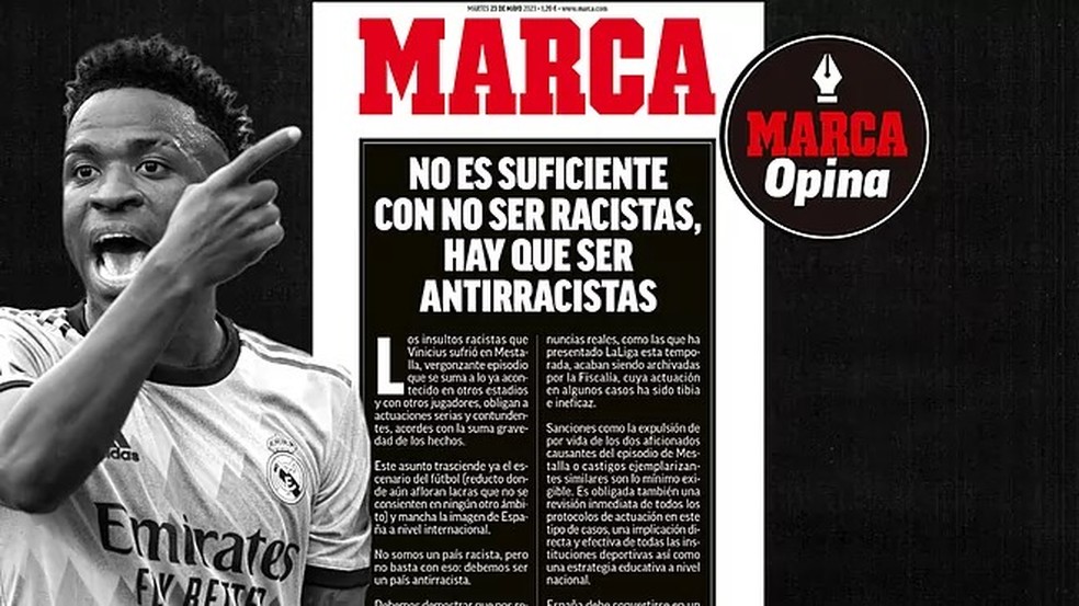 O diário Marca estampa na capa de sua versão impressa desta terça-feira a frase 'não basta não ser racista, tem que ser antirracista'  — Foto: Reprodução