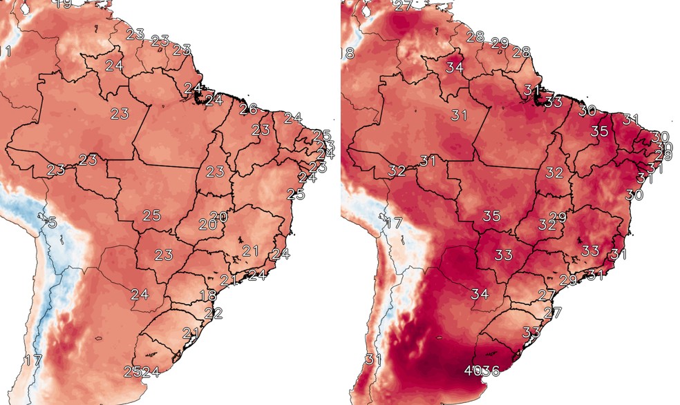 Forecast of minimum (left) and maximum (right) temperatures for December 31 — Photo: Reproduction: Inpe