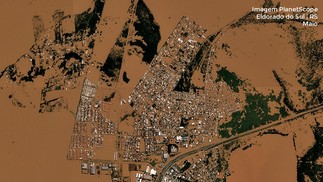 El Dorado do Sul, uma das 470 cidades do Rio Grande do Sul afetadas pelas enchentes - Imagem: SCCON / PlanetScope