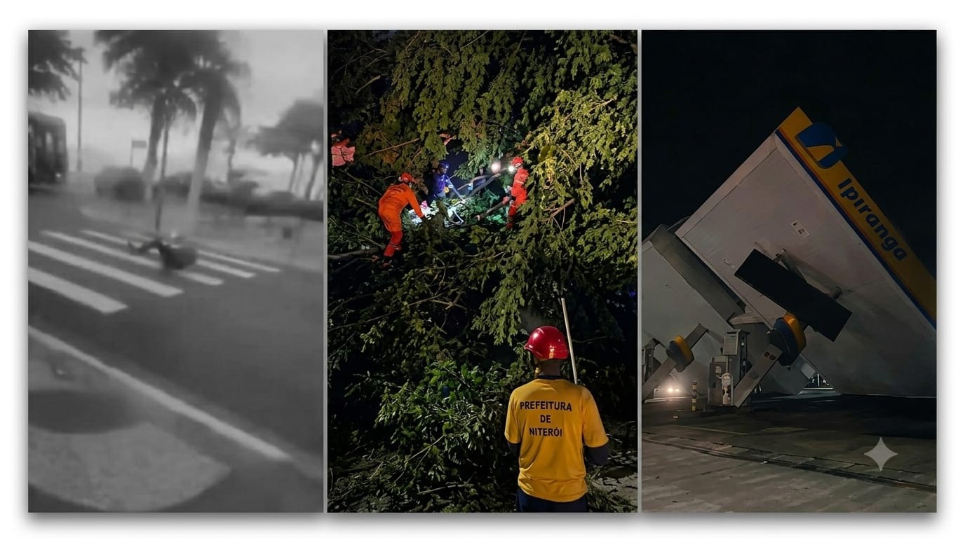 Quase 20 mil imóveis seguem sem luz em Niterói mais de 20 horas após vendaval; árvores caíram sobre carros e cobertura de posto desabou - QTU Questões do Universo