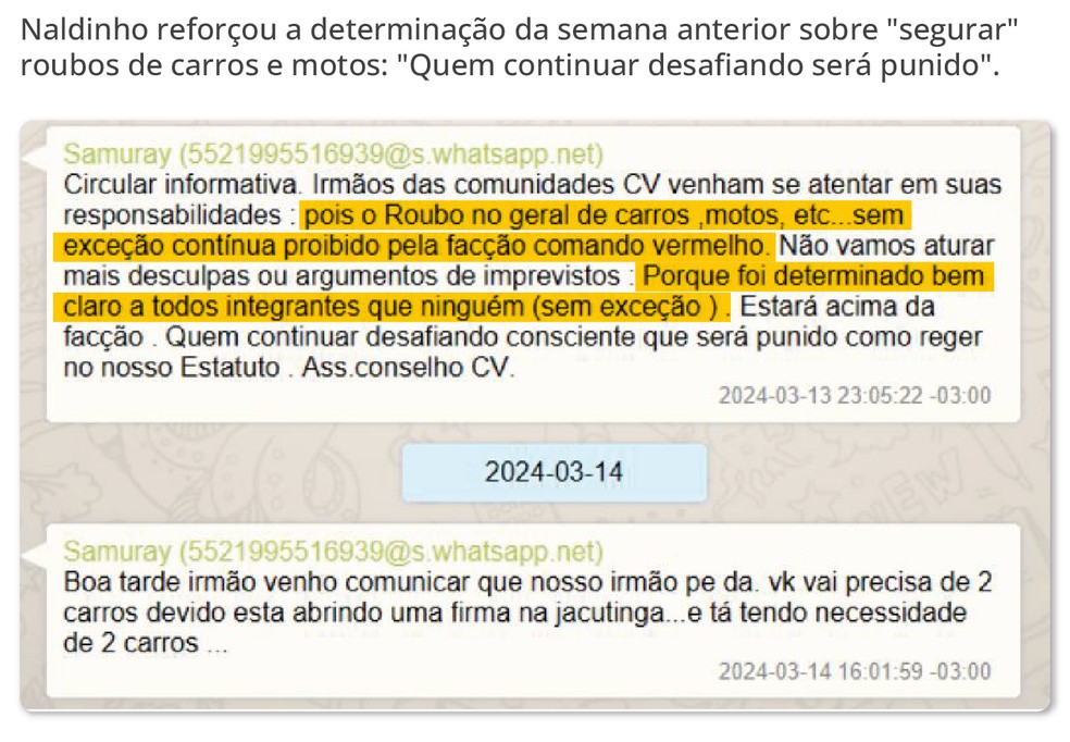 Comunicado do CV. Naldinho reforçou determinação sobre 'segurar' roubo e guerra — Foto: Editoria de Arte