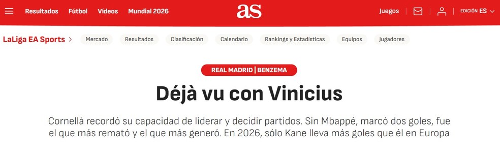 Jornal AS destacou atua&ccedil;&atilde;o de Vinicius sem Mbapp&eacute; neste domingo (03) contra o Espanyol pela La Liga &mdash; Foto: Reprodu&ccedil;&atilde;o