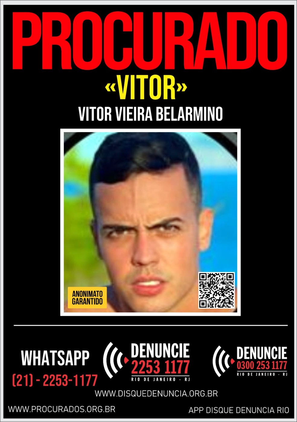 Disque Denúncia pede informações sobre o paradeiro de Vitor Vieira Belarmino pelo atropelamento de Fábio Toshiro Kikuta — Foto: ~Divulgação/Disque Denúncia