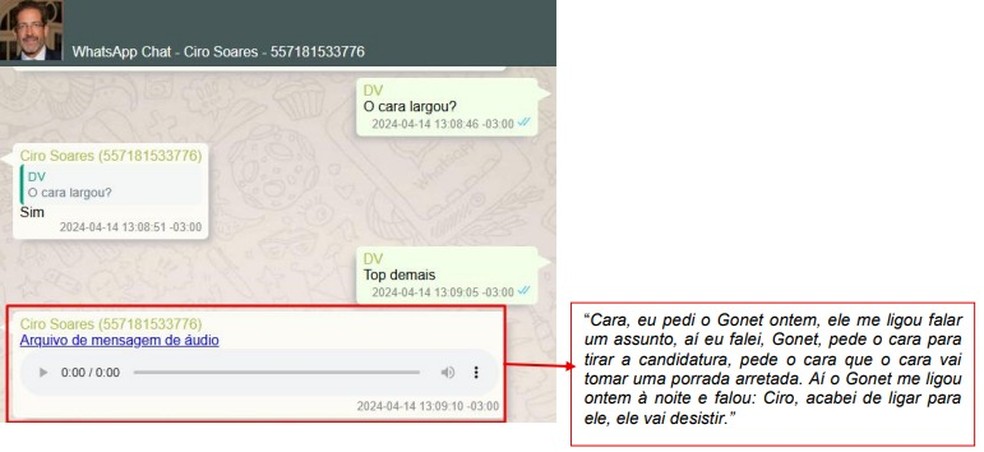 Transcrição de áudio enviado por Ciro a Vorcaro sobre articulação conduzida junto a Gonet — Foto: Reprodução