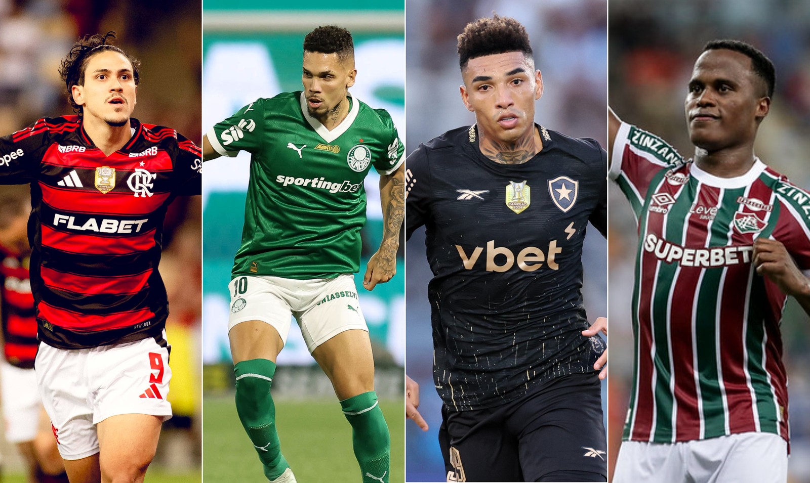 Flamengo, Palmeiras, Botafogo e Fluminense serão os representantes brasileiros no Mundial de Clubes — Foto: Adriano Fontes/Flamengo; Cesar Greco/Palmeiras; Vitor Silva/Botafogo; Lucas Merçon/Fluminense