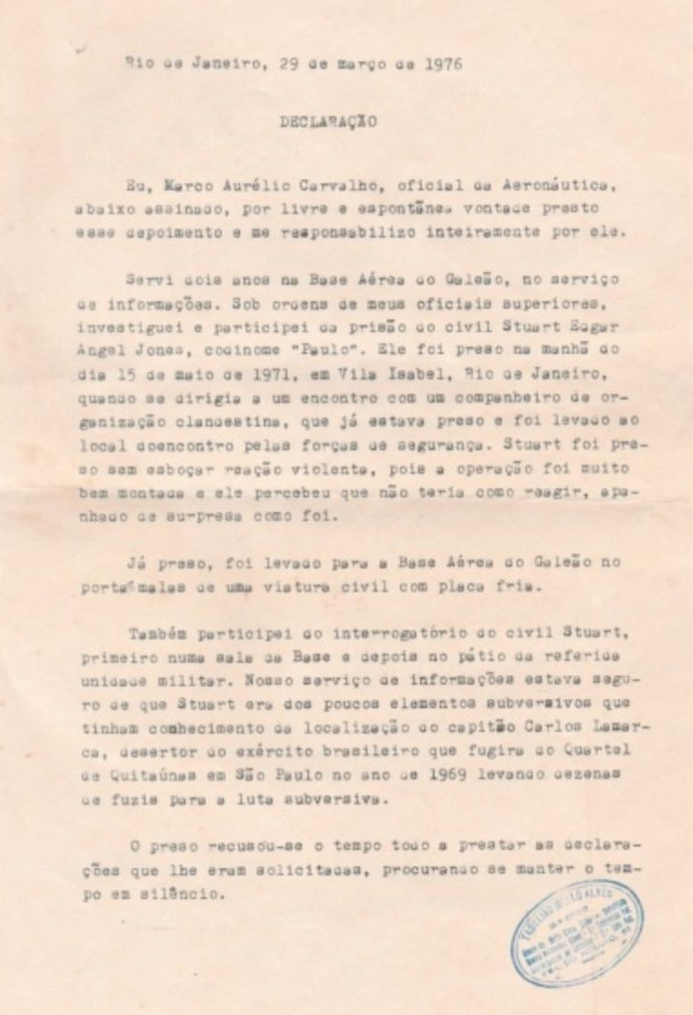 Documento supostamente assinado em 1976 traz detalhes sobre morte de Stuart Angel — Foto: Reprodução site Alberto Lopes Leiloeiro